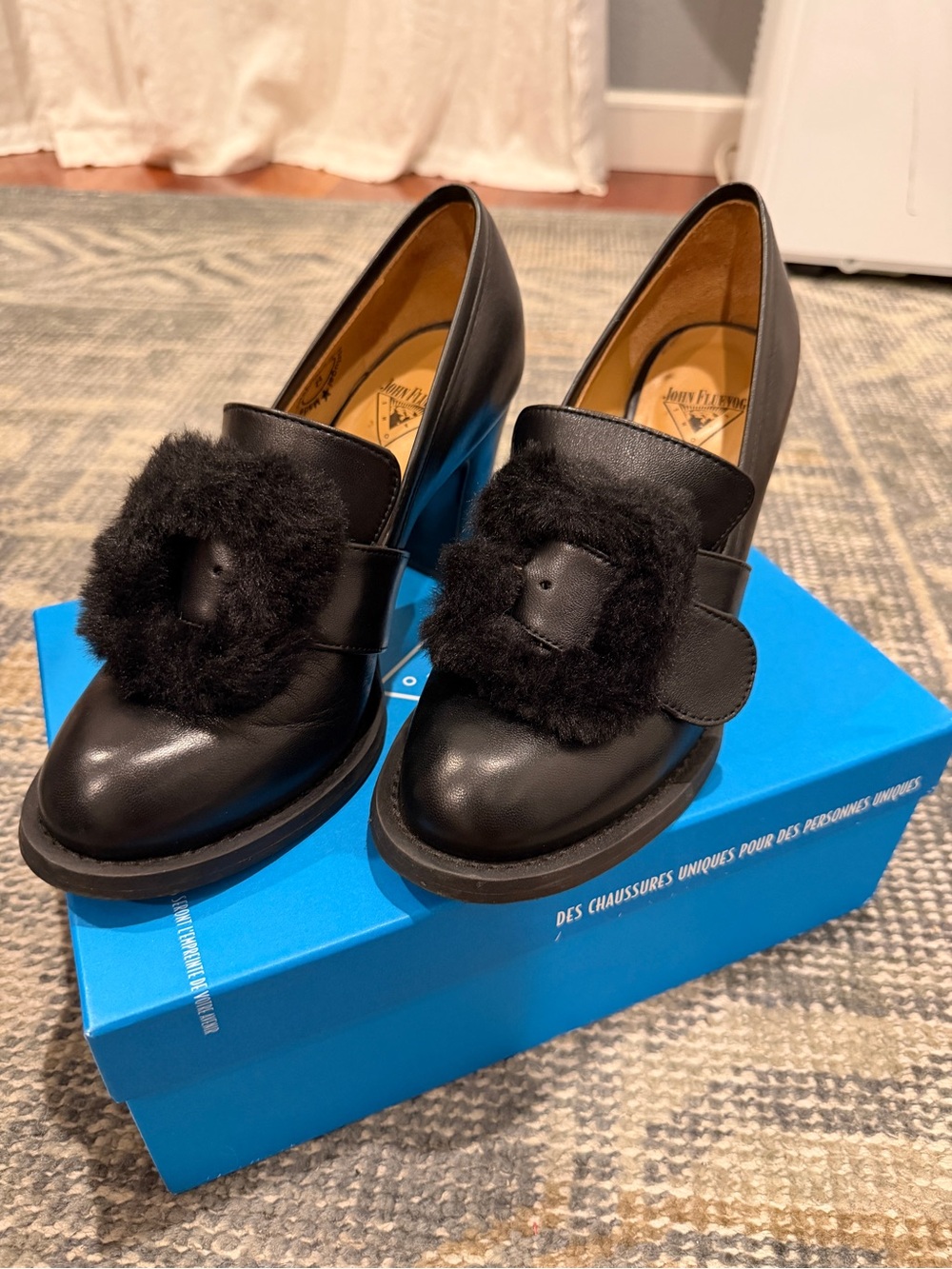 John Fluevog Black Leather Loafers with Fur Buckle Accent